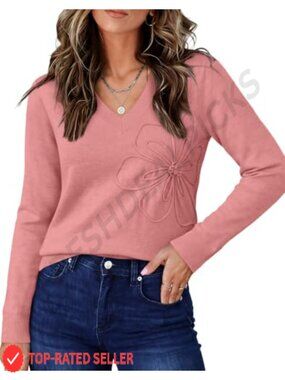 Lightweight V-Neck Long Sleeve Knit Sweater 3D Floral Pullover